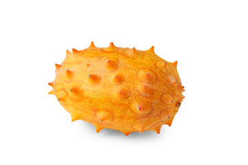 Kiwano fruit, green horned melon isolated on white, transparent background, PNG. Organic orange kiwano, African horned melon close up. Fresh exotic fruit, ingredient, dessert