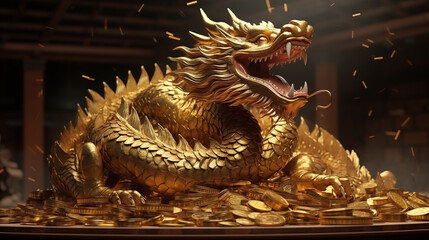 golden dragon On top of a pile of gold and silver