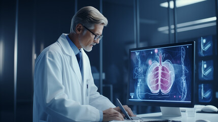 Scientists in the research room create a heart. With futuristic holographic windows