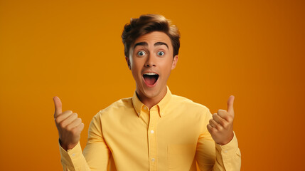 Man with excited expression on orange background