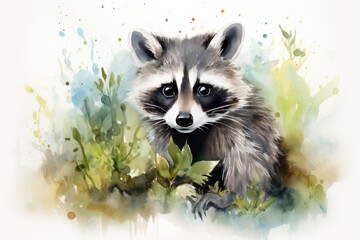 watercolor Raccoon Watercolor drawing of an animal - colored raccoon - obrazy, fototapety, plakaty