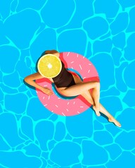 Young woman with slim body lying in donut with lemon head and swimming in swimming pool. Relaxation. Contemporary art collage. Concept of creativity, summer vibe, travel, surrealism, abstract art