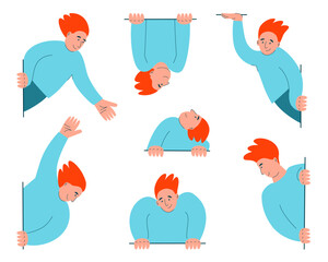 Positive man peeking with greeting gesture, saying hello, look here, waving his hand. Good character for sale banner to attract attention or show delight, involvement, interest and curiosity. Vector