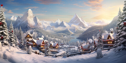 Santa's village hidden behind the mountains surrounded by Christmas trees and snow. Digital matte painting. - obrazy, fototapety, plakaty
