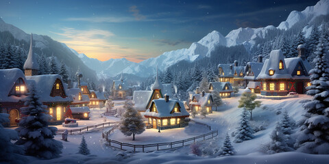 Santa's village hidden behind the mountains surrounded by Christmas trees and snow. Digital matte painting.