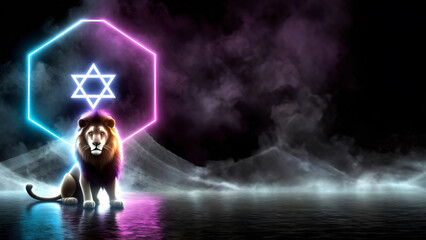 Generative AI image of a lion in front of the Israeli flag