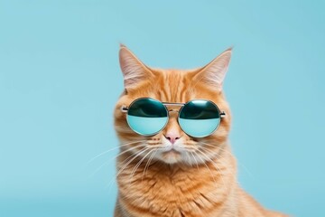 Funny cat wearing sunglasses isolated on light cyan