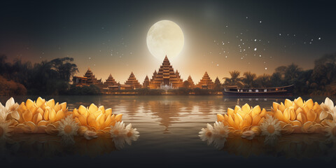 Radiant River Serenity: Holiday Banner Design Featuring a Full Moon's Reflection, Adorned with Kratong Flower Floats, Celebrating the Cultural Splendor of Thailand's Loy Krathong Festival. - obrazy, fototapety, plakaty