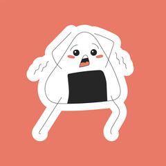 Sticker of a cute scared and trembling onigiri running on a pink background
