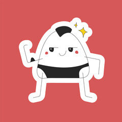 Sticker of a cute proud onigiri athlete showing off his arm muscle on a pink background