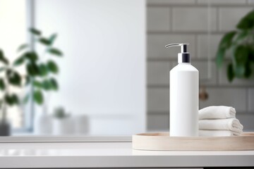 Fototapeta na wymiar Product displayed on empty tabletop with blurred bathroom background