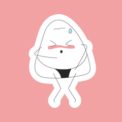 Sticker of a cute embarrassed onigiri in a nori bikini who wants to go to the toilet on a pink background