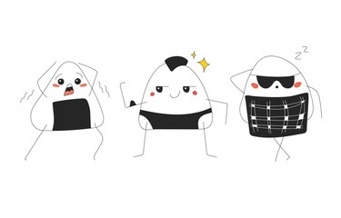 Three stickers Scared, proud and sleeping onigiri on a white background