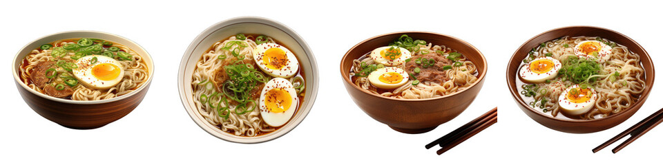 Ramen soup with beef egg chives  Hyperrealistic Highly Detailed Isolated On Transparent Background Png File - obrazy, fototapety, plakaty