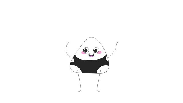 Cute drawn onigiri misses a hit from a rice volleyball on a white background, seamless video