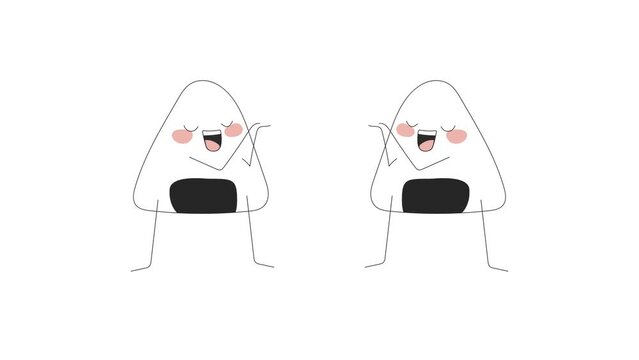 Two cute drawn onigiries is in love and sends hearts on a white background, seamless video