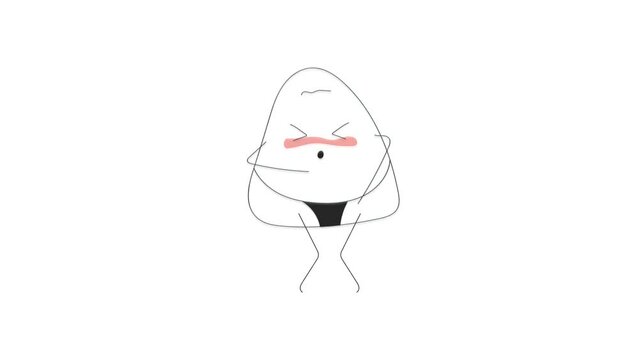 Cute drawn onigiri is embarrassed and covers his nori bikini on a white background, seamless video