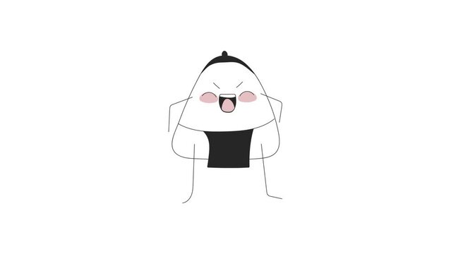 Cute drawn onigiri sumo wrestler gets angry and crouches on a white background, seamless video