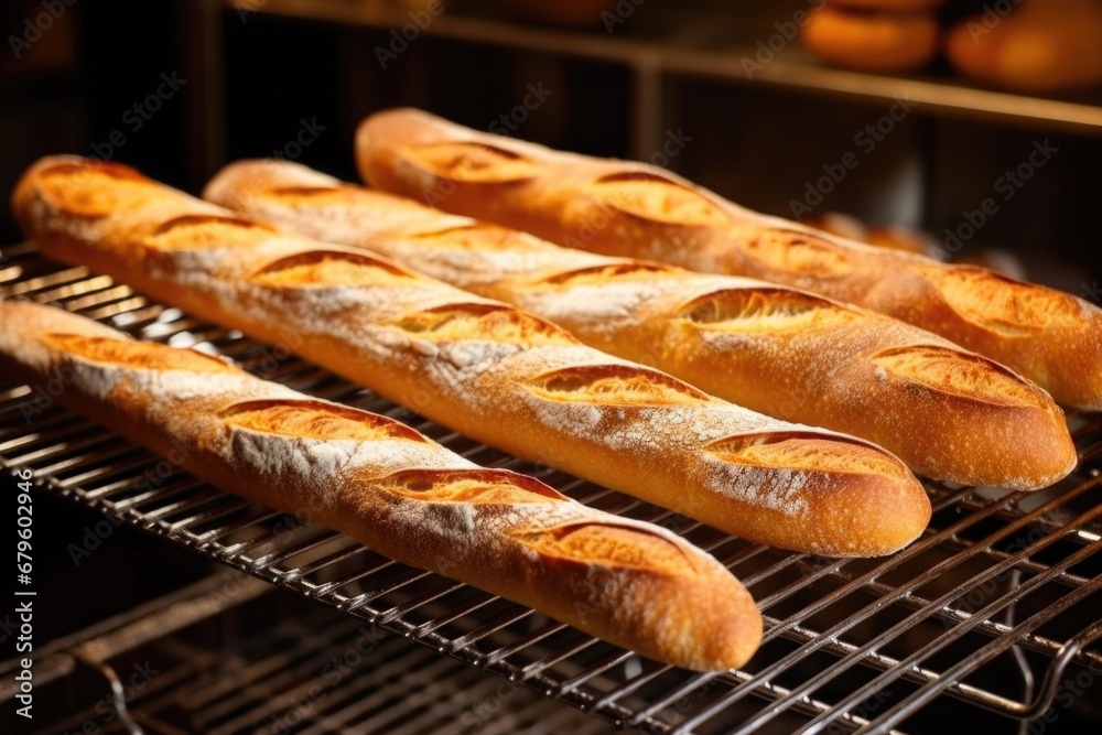 Sticker freshly baked baguettes cooling on metal grates