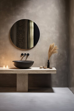 Minimalistic modern toilet design with round mirror above the black overhead sink, pampas in the vase, and decor on the beige stone countertop, gray concrete walls, and floor.