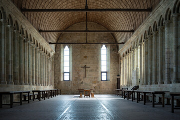 Architecture of the interior of the abbey of Mont Saint Michel in France