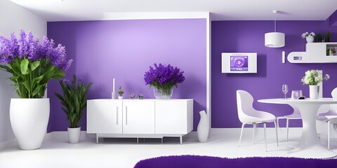 Smart home cyber security interior with new technology purple and white color living area, flower was on the table, 