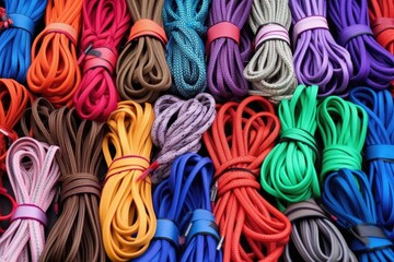 different colors and types of shoe laces laid out - obrazy, fototapety, plakaty