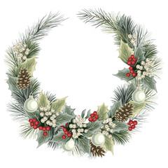 Fototapeta na wymiar Christmas wreath with fir branch, mistletoe, ball, cone. Holiday decoration.