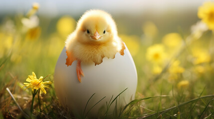 Easter yellow chicken in an eggshell on the background of spring nature. Generative AI