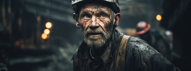 portrait of a dirty miner in a helmet on a dark background.Generative AI - obrazy, fototapety, plakaty