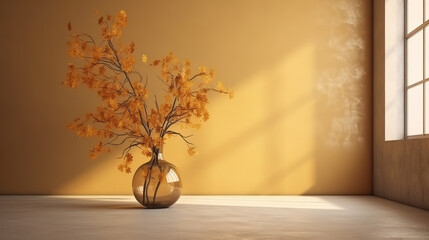 Interior background of room with beige stucco wall and glass vase with branch. Generative Ai