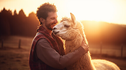 Alpaca farm. Farmer hugs alpaca. - obrazy, fototapety, plakaty