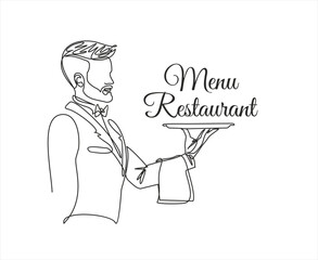 Continuous one line drawing of Waiter holding food tray with Restaurant menu. One line drawing. Restaurant menu concept. Menu food design. Vector	