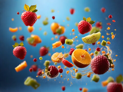 Verschiedene Fr&uuml;chte wie Himbeeren, Erdbeeren oder Orangen welche durch die Luft fliegen und Geschmack auf mehr machen