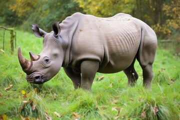 rhinoceros munching on grass - obrazy, fototapety, plakaty