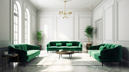 Modern interior design of apartment, living room with green sofa and armchairs. Generative Ai