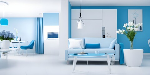 Smart home cyber security interior with new technology pale blue and white color living area, flower was on the table, 