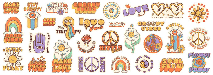 Groovy hippie 70s set. Funny cartoon flower, rainbow, peace, Love, heart, daisy, mushroom. Sticker pack in retro psychedelic cartoon style. Collection of elements for design in funky 60s, 80s style