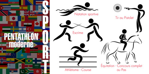Ensemble de pictogrammes pour les 5 disciplines sportives du Pentathlon : escrime, natation, équitation, tir et course - Texte sur un fond de drapeaux mondiaux, Traduction : sport, pentathlon moderne.