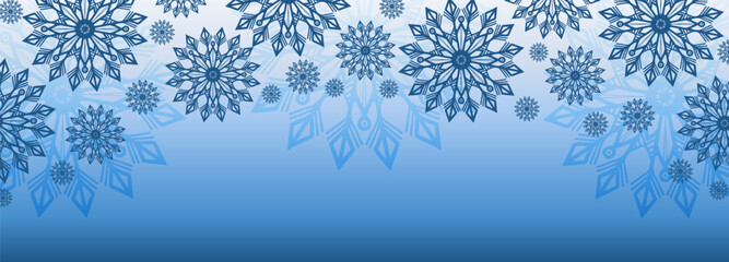 Fototapeta na wymiar Blue gradient New Year and Christmas card, background, poster, banner with unusual snowflakes.