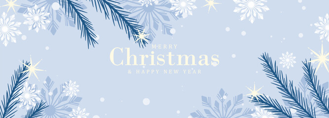 Pale blue New Year and Christmas winter card, poster, banner with Christmas tree branches, snowflakes and stars. - obrazy, fototapety, plakaty