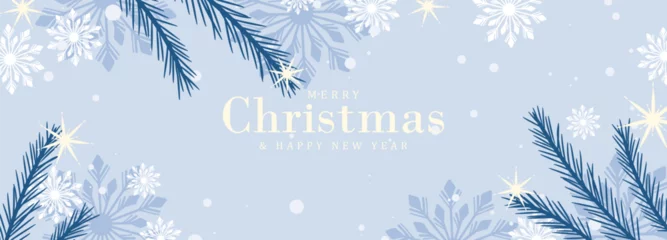 Fotobehang Pale blue New Year and Christmas winter card, poster, banner with Christmas tree branches, snowflakes and stars. © Лилия Агапова