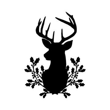 recommend clip art: Logo con silueta de cabeza de reno o ciervo con corona navideña de hojas y bayas de acebo para tarjetas y felicitaciones	