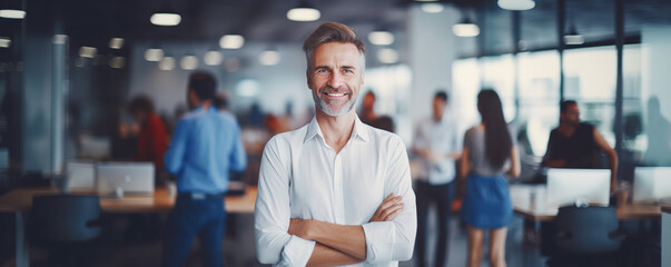 Wide web banner portrait of good looking leader posing in busy modern office with plenty of copy space, successful mature boss , confident senior businessman smiling