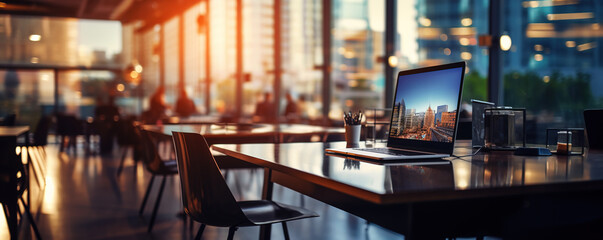 Panoramic defocused modern office scene with focus on laptop computer on desk