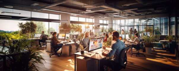 Fototapeta na wymiar Defocused modern open space cowork, people working at desk in panorama web banner