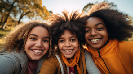 three happy afro girls taking a selfie photo - obrazy, fototapety, plakaty