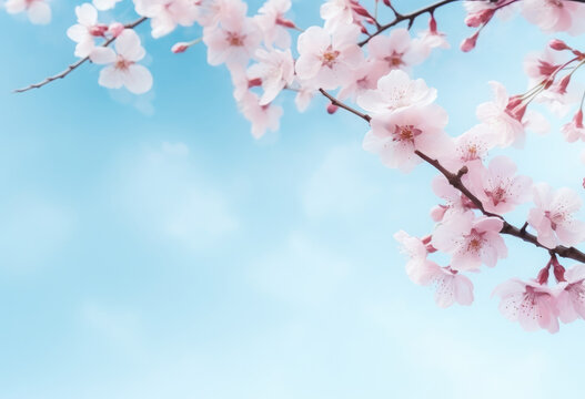 cherry blossom branch in spring on blue sky background