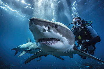 Scuba diver a black wetsuit swimming with sharks in the ocean