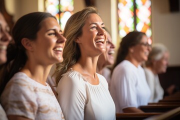 Inspired women in white clothes sing in the church choir - obrazy, fototapety, plakaty